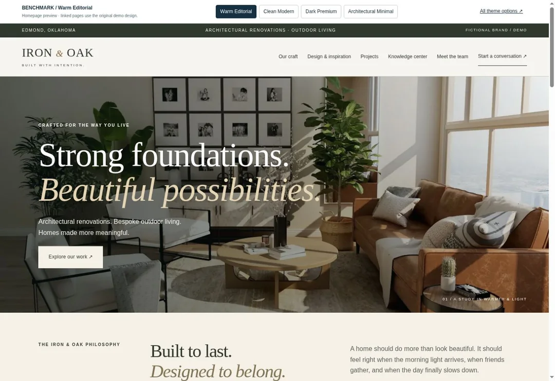 Iron and Oak homepage in the Warm Editorial design style
